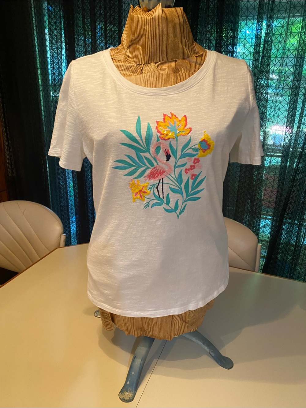 Talbots White Short Sleeve Tee with Tropical Flamingo Embroidery